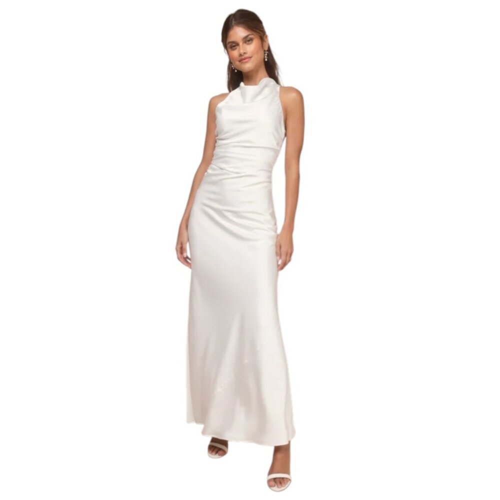 Lulus White Satin Draped Neck Sleeveless Dress Size Small NWT